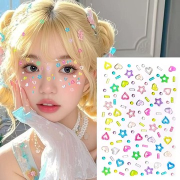 多巴胺糖果色妝容貼鑽愛心星星飾品演唱會妝容臉貼兒童舞臺表演貼
