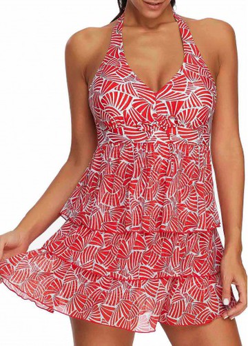 Layered Red Halter Printed Swimdress and Shorts