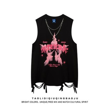 美式街頭星星項鏈破洞無袖T恤女夏季潮牌hiphop寬松情侶百搭背心