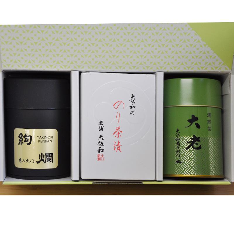 ギフト 濃煎茶大老風缶（７０g）焼海苔絢爛（１２ツ切６０枚） のり茶漬（5.5ｇ×5袋入）詰合せ