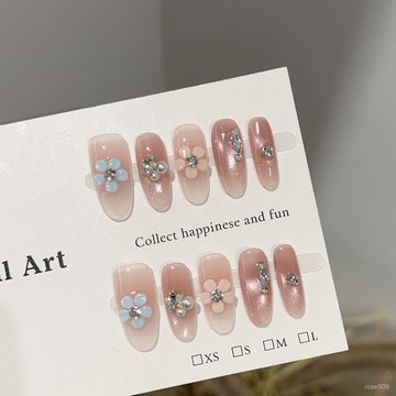 ➕最新設計款穿戴甲💅純手工穿戴甲高級感粉色貓眼美甲片顯白輕奢拚鑽小花朵假指甲貼片中橢圓穿戴甲 NSZJ