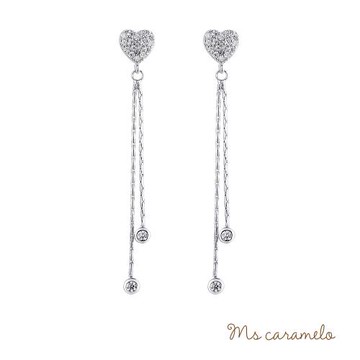 【焦糖小姐 Ms caramelo】925純銀鍍K白 愛心流蘇耳環 鋯石耳環