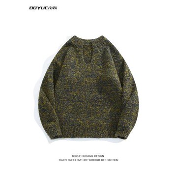 BOYUE帛躍冬季復古百搭慵懶苔蘚綠毛衣落肩V領個性休閑男女針織衫