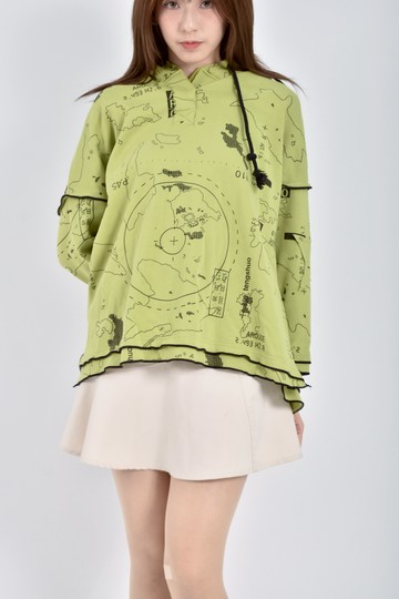 (M) 質感內刷毛世界塗鴉連帽綠色長袖上衣