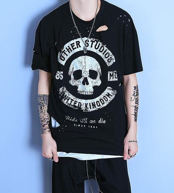 FINDSENSE MD 韓國 潮 男 時尚 街頭hithop 寬鬆 割破 破洞 骷髏頭印 短袖T恤 特色短T 學生T恤