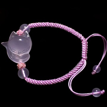 天然粉水晶狐貍手鏈 純手工編織繩萌狐手鏈 粉水晶大頭狐貍手串