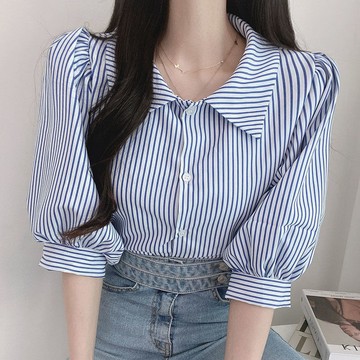C.shop,襯衣襯衫,抗皺,夏季新款韓國春季小衆百搭翻領單排扣設計款寬鬆泡泡袖條紋襯衫上衣女3