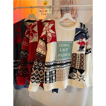 圣誕節毛衣男冬季加絨加厚保暖針織衫ins港風寬松潮流情侶裝線衣