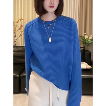 慵懶風克萊因藍軟糯圓領套頭毛衣女2025新款秋冬寬松內搭針織衫