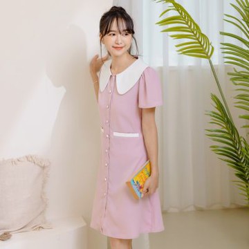 OB嚴選中大尺碼-娃娃領配色口袋襯衫短洋裝《DA9747》