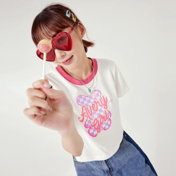 OB嚴選中大尺碼-純棉撞色印花短版T恤上衣《AB18443》