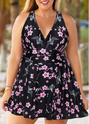 Plus Size Blossom Print Black V Neck Swimdress and Shorts