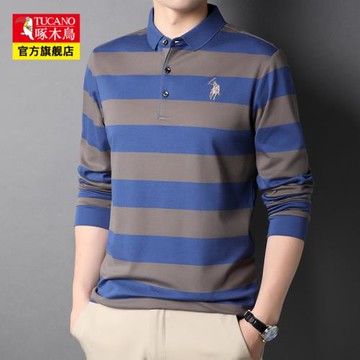 啄木鳥男士純棉POLO衫長袖秋冬款中年條紋時尚休閑爸爸加絨T恤衫