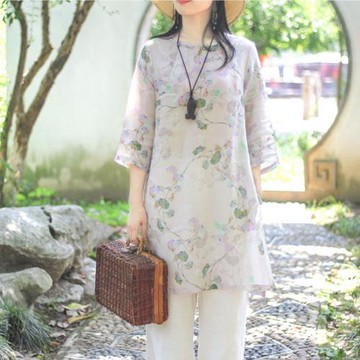 中國風苧麻上衣夏女復古禪意女裝棉麻茶服夏季薄款中長款亞麻襯衫