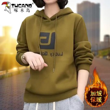 啄木鳥加絨衛衣女春季2025爆款春秋連帽時尚洋氣厚款女裝新款上衣
