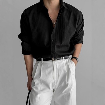 黑色長袖襯衫商務襯衣男士高級感豎條紋理輕熟風寸衫百搭免燙休閑鑫弘-衣錦男裝