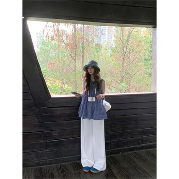 PPHOME復古藍白格子無袖襯衫吊帶女夏季甜美設計感綁帶娃娃衫上衣
