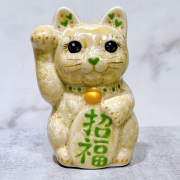 【京都吉祥】日本清水燒招財貓 | 花結晶 金花 右 特小