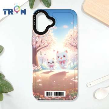TRON iPhone 16 PLUS 櫻花插畫風格白貓咪 防摔太空載具殼 透白 軟硬 手機殼
