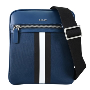 BALLY 6304460 TELFORD 經典條紋印花帆布拼接皮革斜背扁包.藍