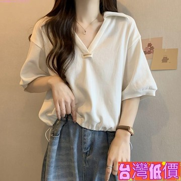 悅裳💎台灣免運💎大尺碼抽繩設計短袖t恤女夏季新款寬鬆顯瘦遮肉設計感小眾上衣短袖韓國女裝設計感女裝專櫃女裝