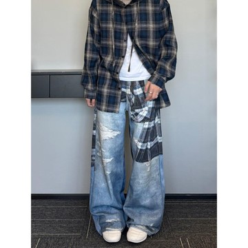 美式街頭撞色長褲男秋冬新款時尚潮流痞帥寬褲男