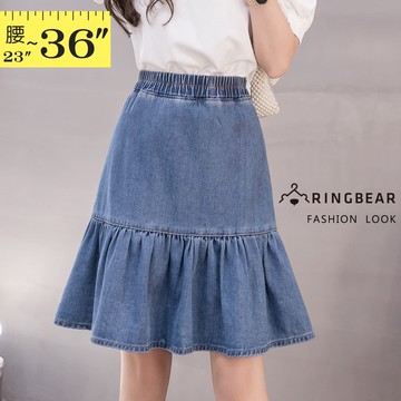 甜美高腰鬆緊褲頭拼接荷葉下擺及膝牛仔A字裙(藍M-5L) 眼圈熊 中大尺碼 Q122