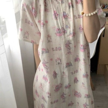 HHSY669L_洋氣大尺碼女柔軟雲朵棉紗感中長短袖薄款家居服可外穿