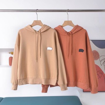 出口歐美單秋冬新品連帽套頭抓絨衛衣寬松款字母貼布繡可愛女外套