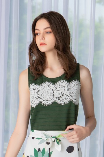 MW 圓領拚接蕾絲無袖背心上衣