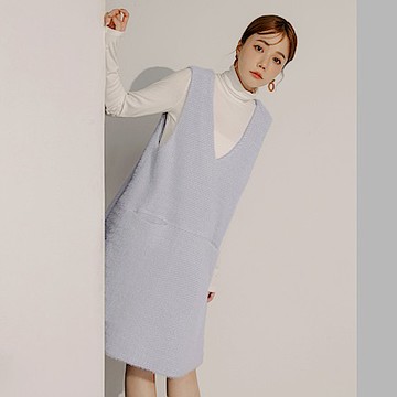 OB大尺碼-混色仿水貂絨寬版背心洋裝