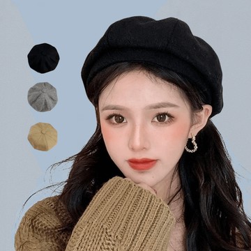 現貨-網紅貝雷帽女秋冬毛呢百搭南瓜帽韓版八角帽加厚畫家帽潮簡約帽子-OC3