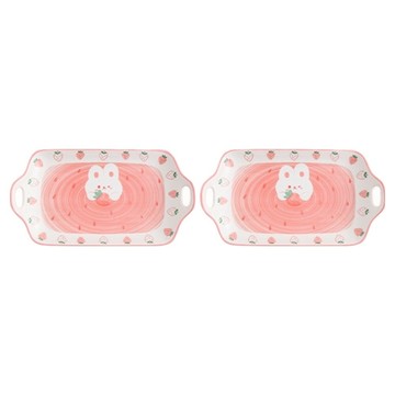 科億易佳 長方雙耳盤套裝 11.8吋  萌萌草莓兔 粉色 + 白色  1套  2個長方雙耳盤