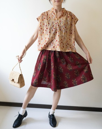 泰國設計\\短袖立領寬褲套裝//純棉橙暗紅