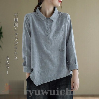 Tシャツ リネンシャツ 綿麻シャツ シャツブラウス 長袖 プルオーバー レディース トップス 不規則 通気性 前開き ボタン留め 春秋 カジュアル 30代 40代
