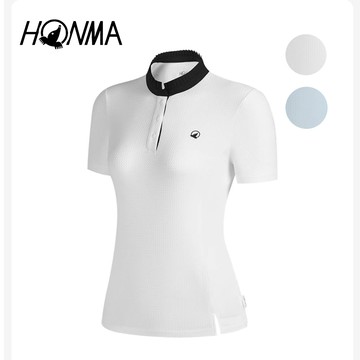 HONMA 本間高爾夫 女款百褶立領短袖POLO衫 日本高爾夫專業品牌(XS-L 白色 淺藍任選HWKX707R626)