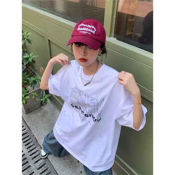 SIXI四喜家春夏 簡筆畫印花短袖T恤女圓領白色寬松純棉體恤上衣