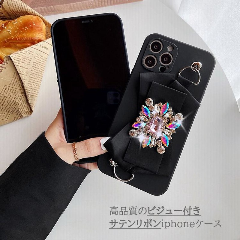 クリスタルビジュー付き本革製スマホケース リボン ブラック （推し活  