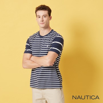 Nautica男裝 拼接條紋百搭短袖T恤-深藍色