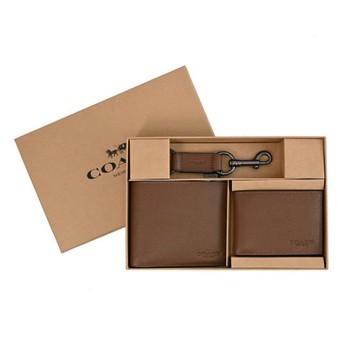 COACH CS433 荔枝皮革短夾活動卡夾鑰匙圈三件禮盒組.咖