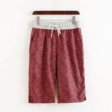 男碎花短褲夏季韓版休閑五分中褲松緊腰寬松系帶拼色棉褲子K/15-3