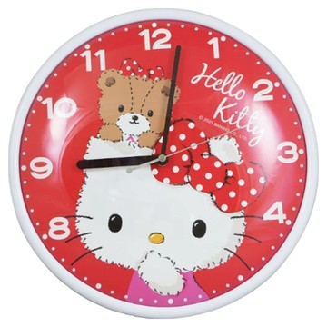Sanrio 三麗鷗 HELLO KITTY 喜氣小熊凱蒂貓 超靜音掛鐘 JM-W2369A  紅色 + 白色