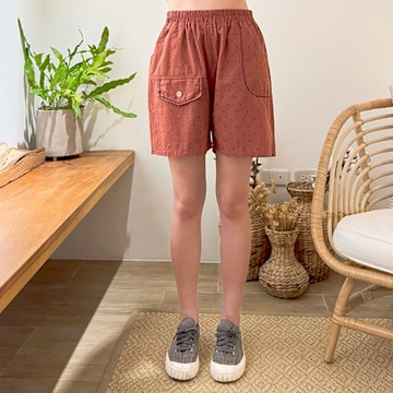 Hana-Mokuba花木馬日系女裝不對稱口袋滿版印花鬆緊腰短褲_磚紅