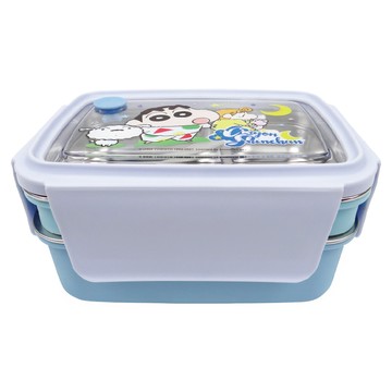 蠟筆小新 雙層不鏽鋼隔熱便當盒 卡通圖案 上蓋密封防漏 飯菜可分離  藍紫  1個