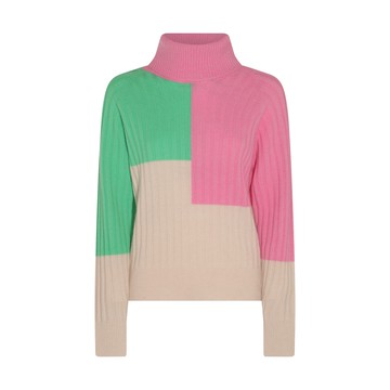 Essentiel Antwerp - Beige, Green And Neon Pink Merino Wool And Cashmere Blend Rib Knit Sweater