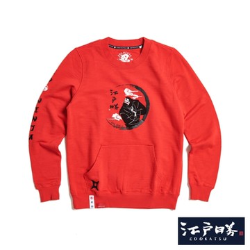 江戶勝 女裝 忍者系列 伊賀忍者印花口袋厚長袖T恤-桔紅色