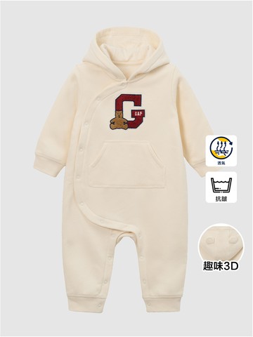嬰兒裝 Logo小熊刺繡刷毛熊耳造型連帽長袖包屁衣/連身衣-象牙白