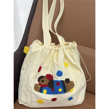 可愛刺繡百搭文藝單肩布包托特包包女慵懶風大容量通勤單肩包學生