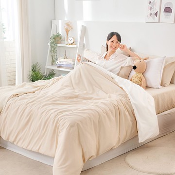 床包被套組(雙人薄被套)-單人 / 舒柔棉三件式 / 奶茶色床包＋奶白被套 台灣製