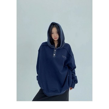 【RICECAKE & OISIS】美式拼接 字母刺繡 帽t 高級感 百搭 oversize 連帽衛衣 女